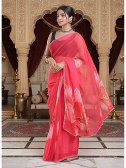 Niska - Floral Printed Pink Saree With Unstitched Blouse