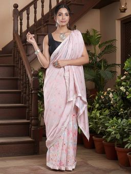 Niska - Floral Printed Pink Saree With Unstitched Blouse