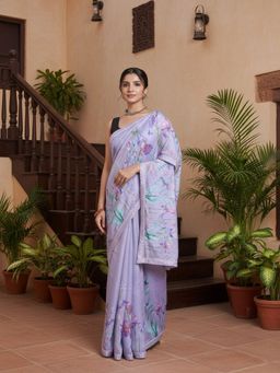 Niska - Floral Printed Lace Work Purple Saree With Unstitched Blouse