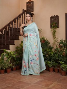 Niska - Floral Printed Green Saree With Unstitched Blouse
