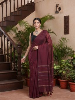 Niska - Striped Woven Pure Cotton Maroon Saree With Unstitched Blouse