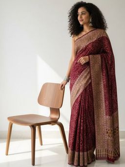 Niska - Ajrakh Modal Floral Printed Red Saree With Unstitched Blouse