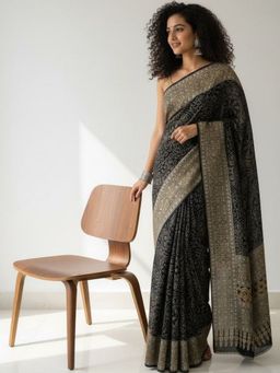 Niska - Ajrakh Modal Floral Printed Black Saree With Unstitched Blouse