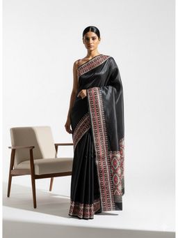 Niska - Ajrakh Modal Floral Printed Black Saree With Unstitched Blouse