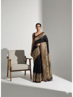 Niska - Ajrakh Modal Paisley Print Black Saree With Unstitched Blouse