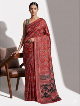 Niska - Ajrakh Modal Floral Printed Red Saree With Unstitched Blouse