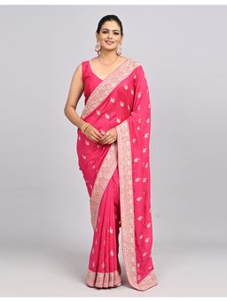 FAZALS - Art Silk Floral Embroidered Pink Saree With Unstitched Blouse