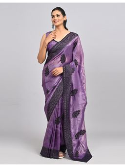 FAZALS - Organza Floral Embroidered Purple Saree With Unstitched Blouse