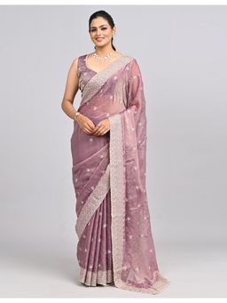 FAZALS - Tissue Organza Floral Embellished Lavender Saree With Unstitched Blouse