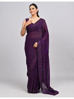 FAZALS - Organza Floral Embroidered Purple Saree With Unstitched Blouse