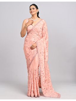 FAZALS - Chiffon Floral Mirror Work Embroidered Pink Saree With Unstitched Blouse