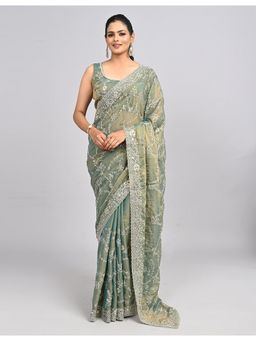FAZALS - Organza Floral Embellished Green Saree With Unstitched Blouse
