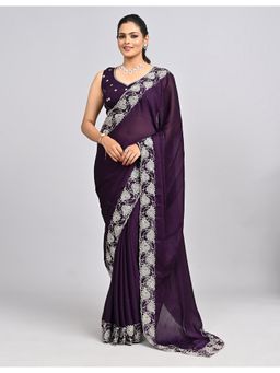 FAZALS - Georgette Floral Embroidered Purple Saree With Unstitched Blouse