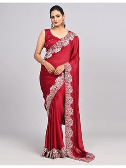 FAZALS - Georgette Floral Embroidered Maroon Saree With Unstitched Blouse