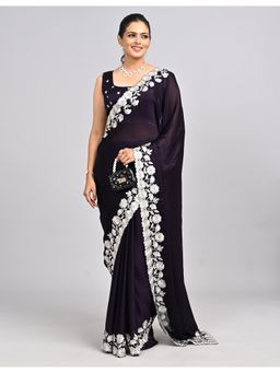 FAZALS - Satin Floral Embroidered Purple Saree With Unstitched Blouse