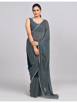 FAZALS - Organza Embroidered Stonework Blue Saree With Unstitched Blouse
