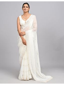 FAZALS - Organza Embroidered Stonework White Saree With Unstitched Blouse