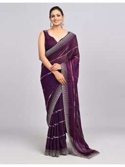 FAZALS - Organza Embroidered Stonework Purple Saree With Unstitched Blouse