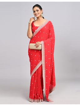 FAZALS - Art Silk Embroidered Red Saree With Unstitched Blouse