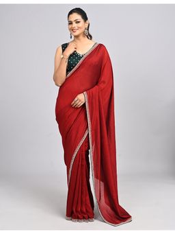 FAZALS - Art Silk Stonework Maroon Saree With Unstitched Blouse