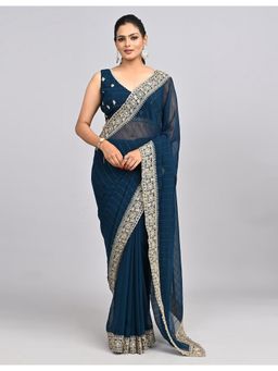 FAZALS - Georgette Floral Embroidered Blue Saree With Unstitched Blouse