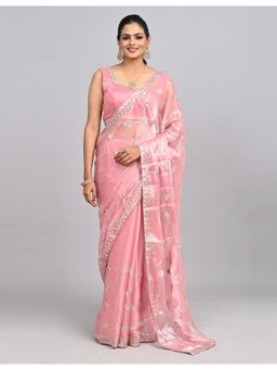 FAZALS - Organza Sequins Embroidered Pink Saree With Unstitched Blouse