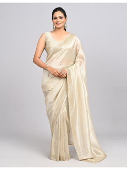 FAZALS - Tissue Embroidered Stonework Ivory Saree With Unstitched Blouse