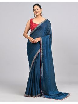 FAZALS - Art Silk Stonework Blue Saree With Unstitched Blouse