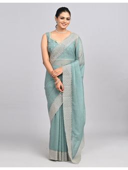 FAZALS - Organza Embroidered Stonework Blue Saree With Unstitched Blouse