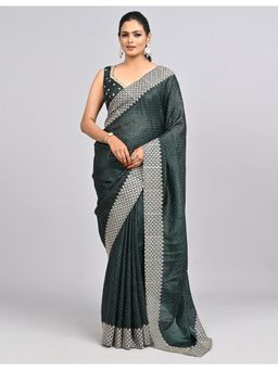 FAZALS - Organza Embroidered Stonework Green Saree With Unstitched Blouse