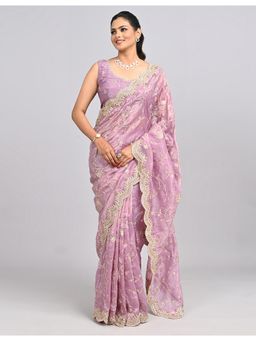FAZALS - Organza Floral Embellished Purple Saree With Unstitched Blouse