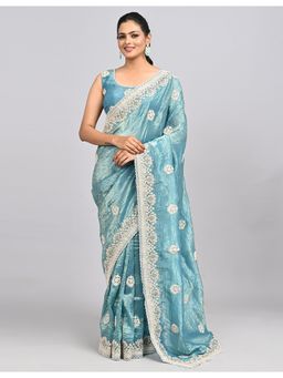 FAZALS - Organza Embellished Blue Saree With Unstitched Blouse
