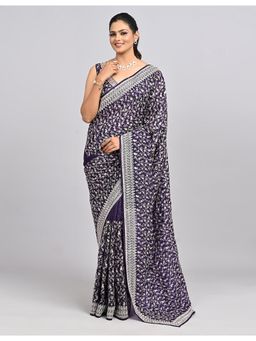 FAZALS - Organza Floral Embellished Purple Saree With Unstitched Blouse