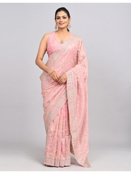 FAZALS - Organza Sequins Embroidered Pink Saree With Unstitched Blouse