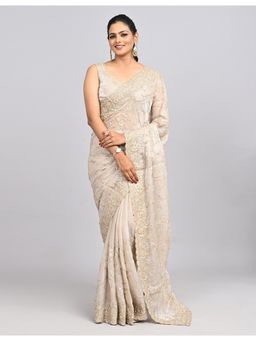 FAZALS - Tissue Organza Floral Embroidered Grey Saree With Unstitched Blouse
