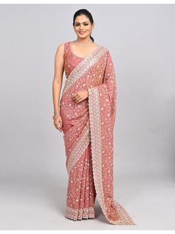 FAZALS - Tissue Floral Embellished Pink Saree With Unstitched Blouse