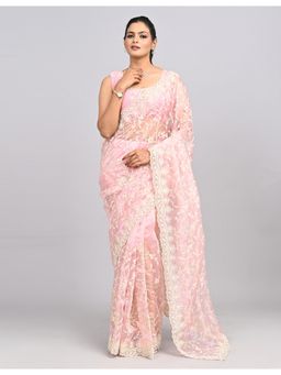 FAZALS - Organza Sequins Embroidered Pink Saree With Unstitched Blouse