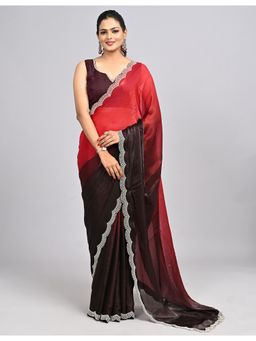 FAZALS - Organza Embroidered Stonework Red Saree With Unstitched Blouse