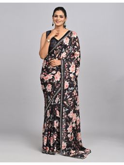 FAZALS - Georgette Satin Floral Print Stonework Black Saree With Unstitched Blouse