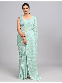 FAZALS - Chiffon Floral Embroidered Green Saree With Unstitched Blouse