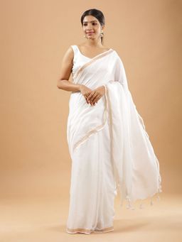 Niska - Zari Jute Cotton Khadi White Saree Without Blouse