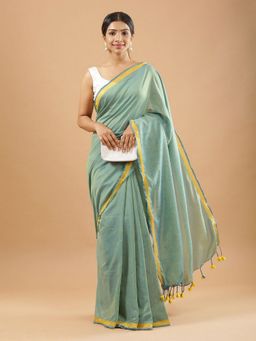 Niska - Zari Jute Cotton Khadi Teal Saree Without Blouse