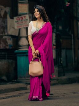 Niska - Zari Jute Cotton Khadi Pink Saree Without Blouse