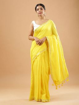 Niska - Zari Jute Cotton Khadi Yellow Saree Without Blouse