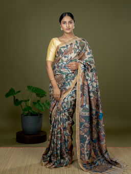 Ushvii - Women Kalamkari Printed Off White Saree With Unstitched Blouse