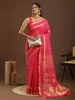 Ushvii - Venkatagiri Woven Zari Pink Saree With Unstitched Blouse