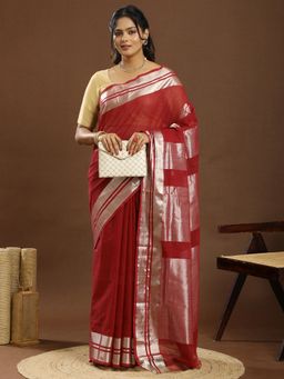 Ushvii - Venkatagiri Woven Zari Maroon Saree With Unstitched Blouse