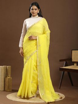 Ushvii - Gota Patti Embroidered Yellow Saree With Unstitched Blouse