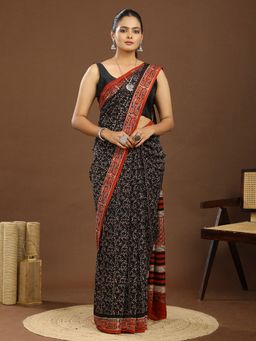 Ushvii - Ajrakh Abstract Print Black Saree With Unstitched Blouse