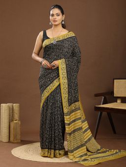 Ushvii - Ajrakh Abstract Print Black Saree With Unstitched Blouse